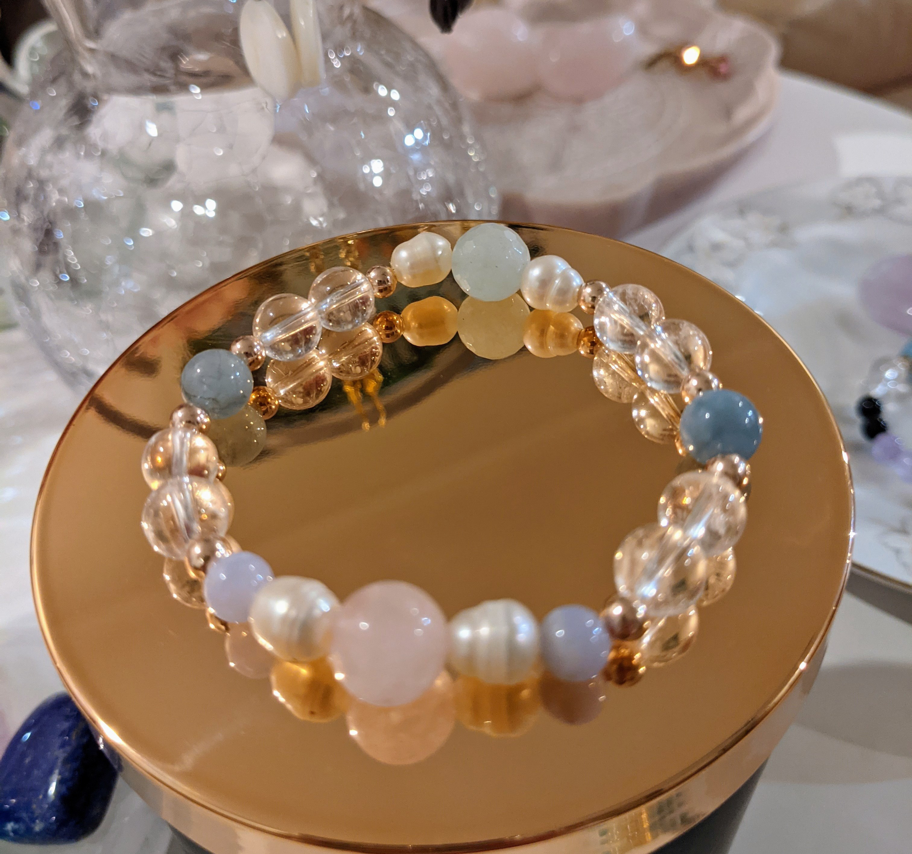 オーストラリア発　ローズクォーツ&アクアマリン天然石ブレスレット