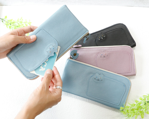 【鑑定済】希少 miumiu 猫柄 レザー Ｌ字ファスナー ２つ折り財布 水色 3fcc8aaef09e45fb9a534a83312c73