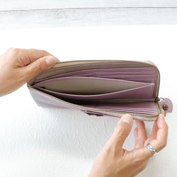 【パールピンク】猫L字ファスナー長財布　外ポケット付き　ネコ　本革　薄型財布　大きく使える財布　ギフト　オッドアイ 2枚目の画像