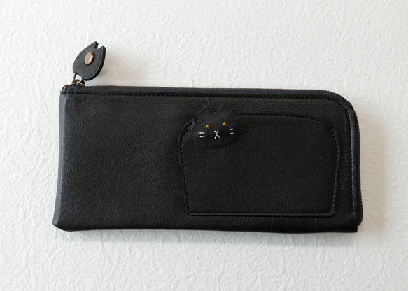 【ブラック】猫L字ファスナー長財布　外ポケット付き　ネコ　本革　薄型財布　大きく使える財布　ギフト　黒猫　一粒万倍日 12枚目の画像