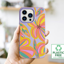 地球に優しいエコ素材♪RETRO PLUMERIA レトロプルメリア♡天然素材のiPhoneケース パープル 1枚目の画像