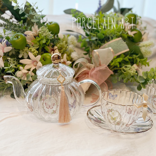 再♡ガラスのティーセット♡ポット+カップ&ソーサー1客セット+ 再♡ガラスのティーセット♡ポット+カップ&ソーサー1客セット+