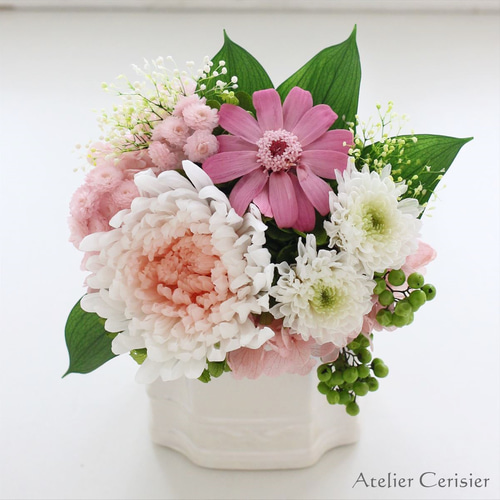 プリザーブドフラワー仏花＜スーベニア Sサイズ＞ピンク 菊 百日