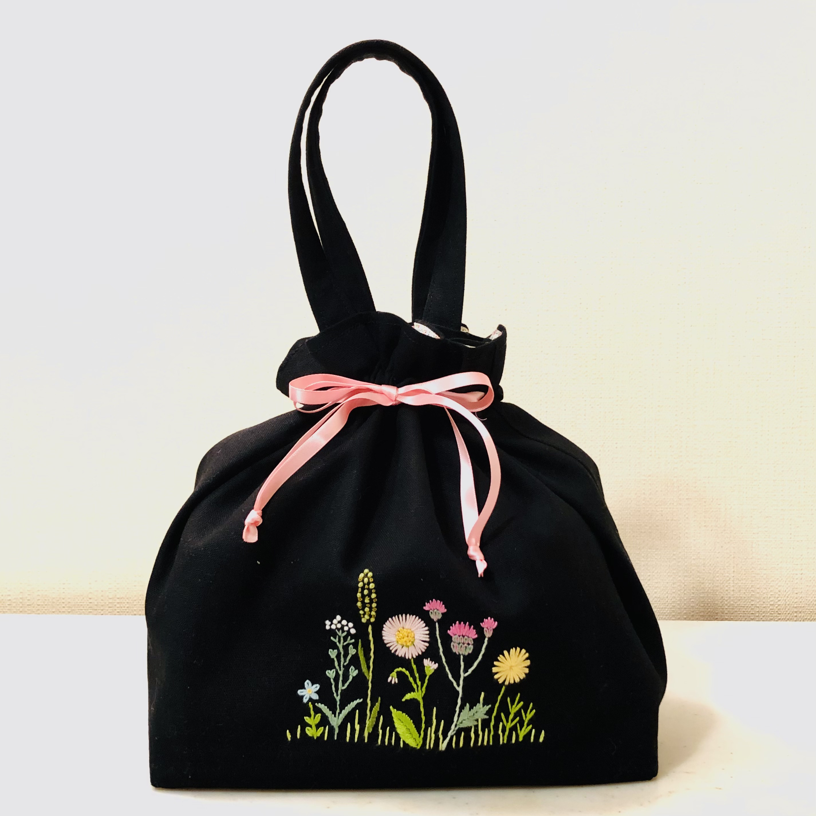 刺繍 巾着 トート バック ＜ブラック＞