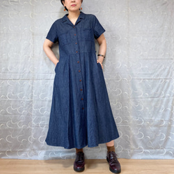 胸ポケット付き (半袖) デニムのオープンカラーワンピース（ネイビー、ブラウン）大人レトロ クラシカル 春夏ワンピース 5枚目の画像