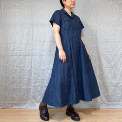 胸ポケット付き (半袖) デニムのオープンカラーワンピース（ネイビー、ブラウン）大人レトロ クラシカル 春夏ワンピース 6枚目の画像