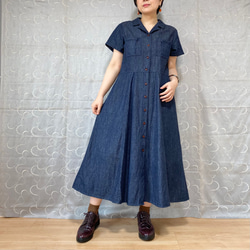 胸ポケット付き (半袖) デニムのオープンカラーワンピース（ネイビー、ブラウン）大人レトロ クラシカル 春夏ワンピース 2枚目の画像