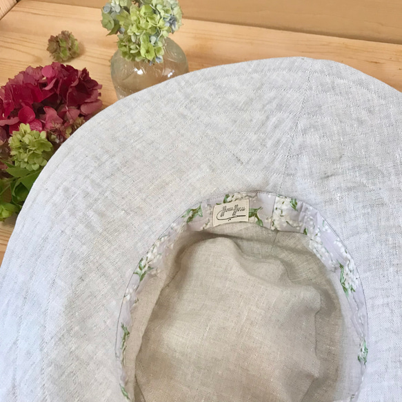 【大人】フレンチリネンのミモザ刺繍ハット　帽子　手刺繍　麻　ナチュラル 10枚目の画像