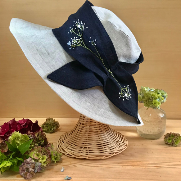 大人】フレンチリネンのかすみ草刺繍ハット 日除け帽子 手刺繍 麻