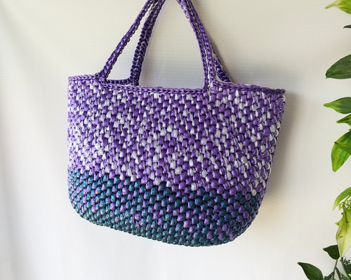 受注制作】軽い手編みのカゴバッグ『朝顔』 楕円底 内ポケット付き