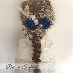 ヘッドドレス　Blue gold W ribbon 結婚式　プリザーブドフラワー　ドライフラワー　成人式　振袖　袴 4枚目の画像