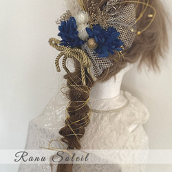 ヘッドドレス　Blue gold W ribbon 結婚式　プリザーブドフラワー　ドライフラワー　成人式　振袖　袴 6枚目の画像