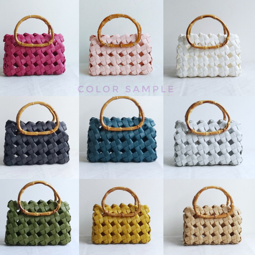 選べる9色】夏 大人カゴバッグ M 生成り 本革ハンドル 着物 Leather