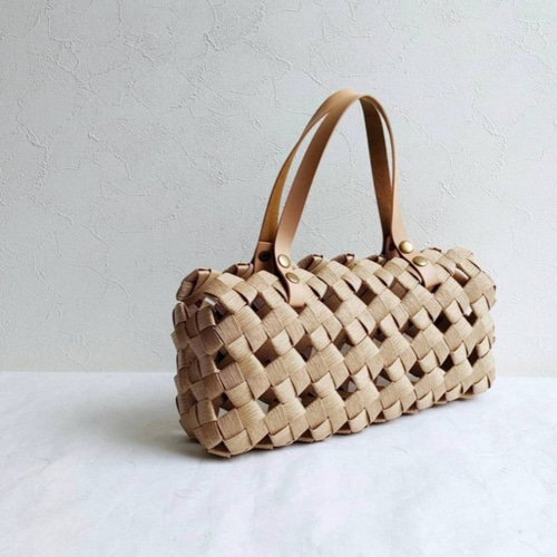 選べる9色】夏 大人カゴバッグ M 生成り 本革ハンドル 着物 Leather
