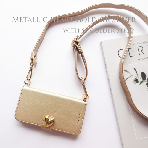 スマホショルダー【iphone各種】手帳型 ケース ♥ メタリック ハート  