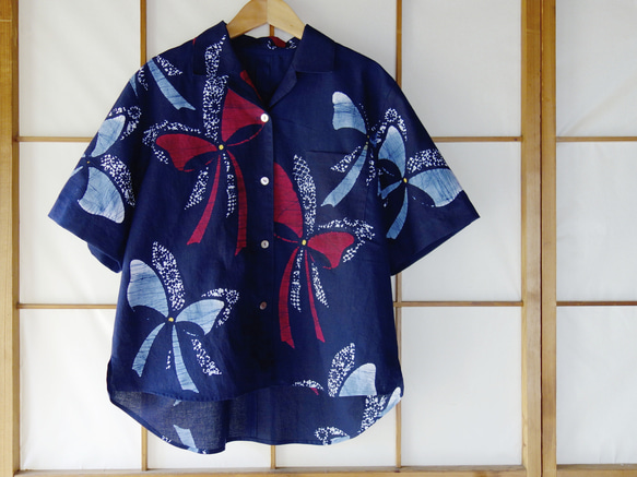 限定2点【浴衣生地のアロハシャツ】着物リメイク 開襟シャツ リボン 紺