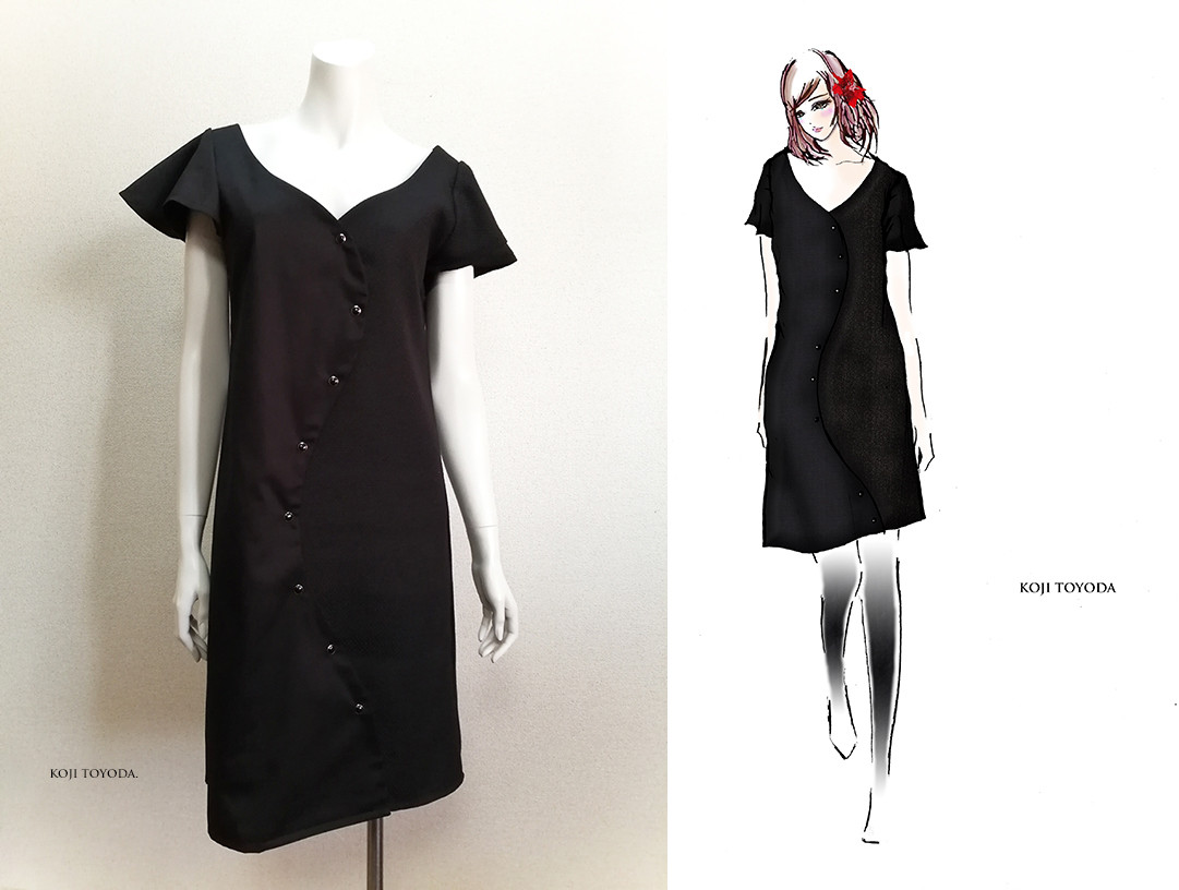 1点もの・デザイン画付き】左右2種素材アシメトリー湾曲ワンピース  