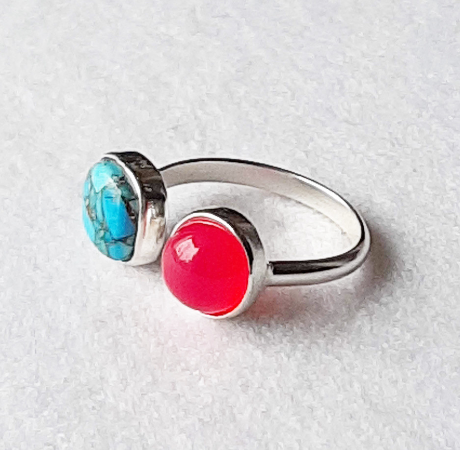 【SALE】SV925 フリーサイズ　ブルーコッパーターコイズ×フューシャピンクカルセドニー　天然石ダブルリング