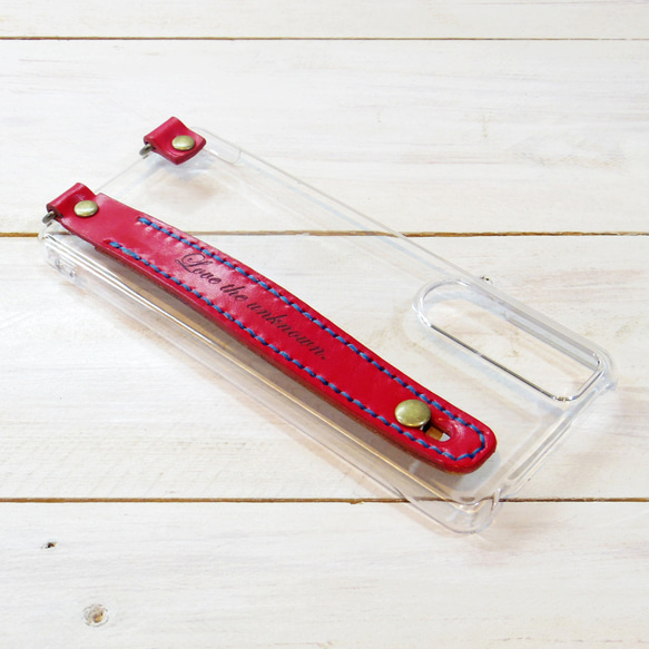スマホショルダー 牛革レザーの手持ちバンド スタンド iPhone,Android 多機種制作 レッド 赤色 4枚目の画像