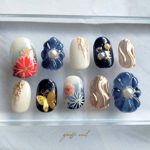 ネイルチップ　ニュアンスネイル　ネイビー　成人式　振袖ネイル　和柄ネイル　卒業式 ネイルチップ ニュアンスネイル ネイビー 成人式 振袖ネイル 和柄