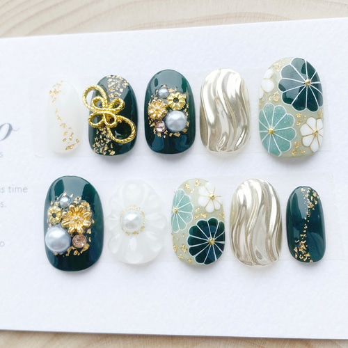 成人式ネイル/緑/水引/振袖ネイル/和柄ネイル/着物ネイル/白無垢/和装