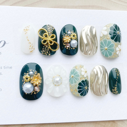 成人式ネイル/緑/水引/振袖ネイル/和柄ネイル/着物ネイル/白無垢/和装  