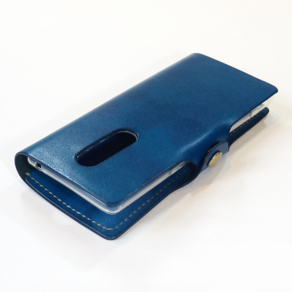 側面留め牛革レザーケース iPhone,Android 多機種制作 スマホケース 手帳型 マリンブルー 青色 4枚目の画像