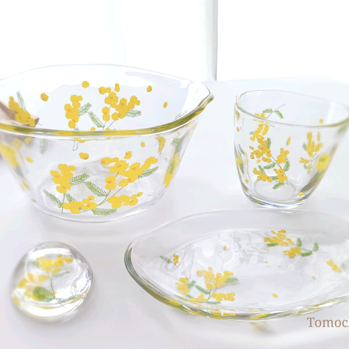 在庫限り】ミモザのてびねりガラスそうめん鉢4点セット (そうめん鉢