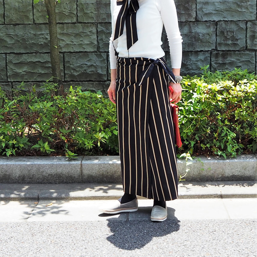 腰周りスッキリ コットンネイビーストライプ 巻きスカート ロング