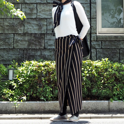 腰周りスッキリ コットンネイビーストライプ 巻きスカート ロング