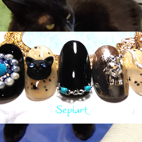 ネイルチップ☆付け爪~ジェルネイル~3D黒猫×ターコイズ ネイルチップ