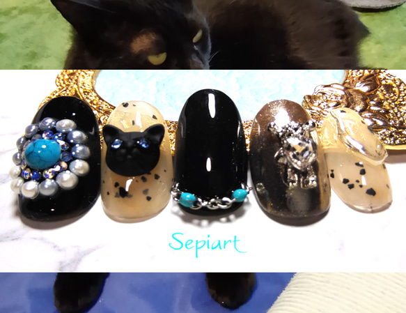 ネイルチップ☆付け爪~ジェルネイル~3D黒猫×ターコイズ ネイルチップ
