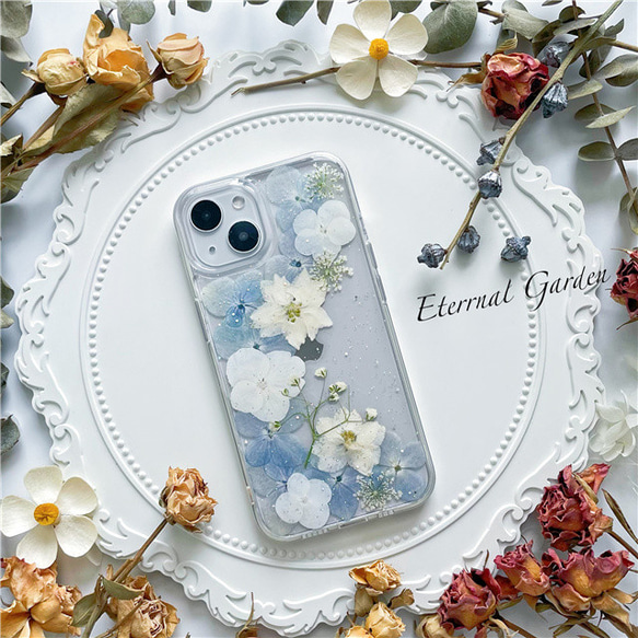 紫陽花、押し花スマホケース、全機種対応、iFace風、手帳型、iPhone15  