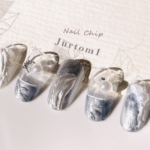 ナイルパーチ　まとめ売り Jurtom 1ネイルチップ／シルバー夏 立体ネイル／成人式ネイル