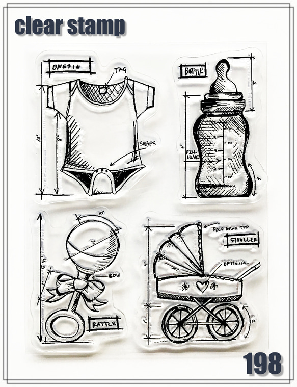 【No.198】 クリアスタンプ シリコンスタンプ ベビー 服 哺乳瓶 スケッチ 1枚目の画像
