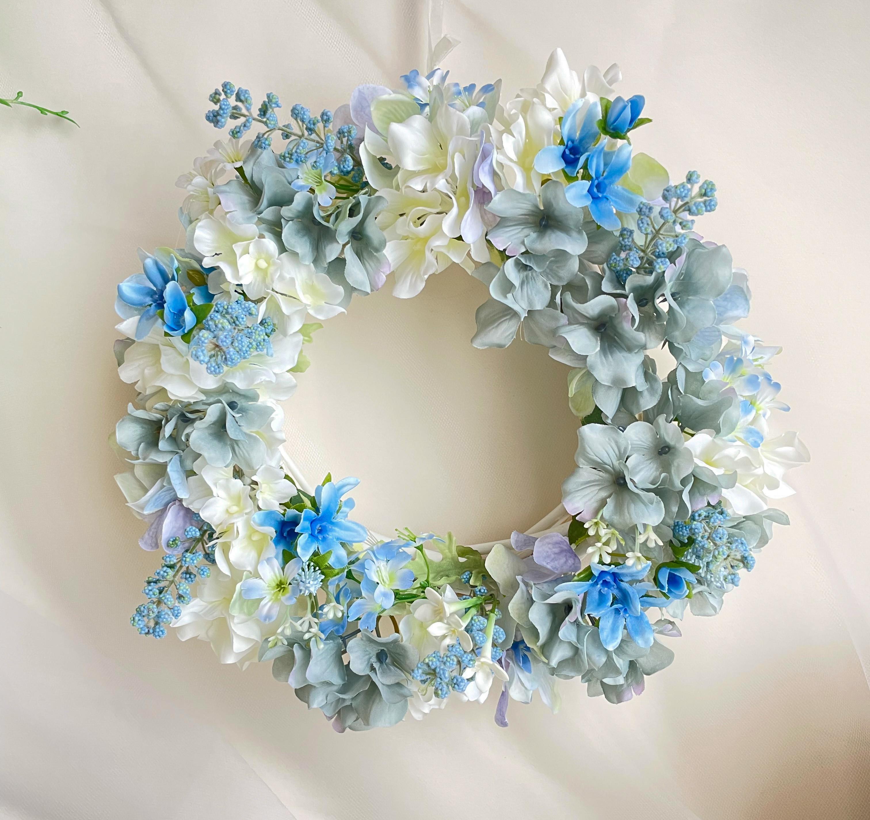布リース ハンドメイド ブルー 水色 紫陽花 （爽やかブルーの