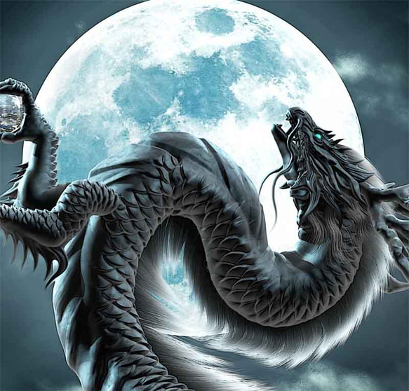 龍の絵「月光２・黒龍」自作A4　竜の絵 2枚目の画像