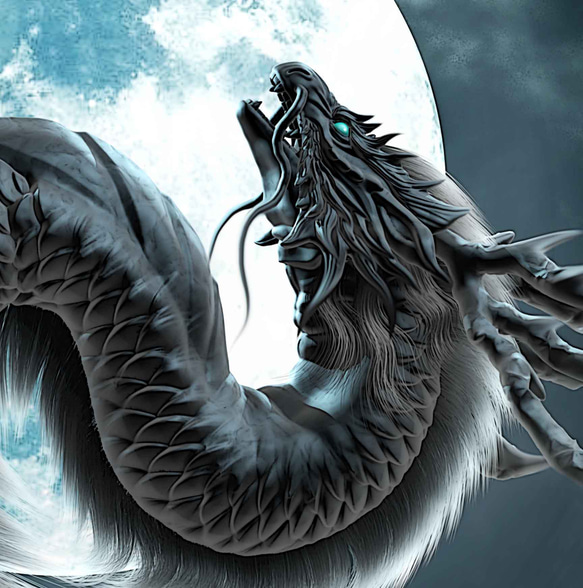 龍の絵「月光２・黒龍」自作A4　竜の絵 3枚目の画像