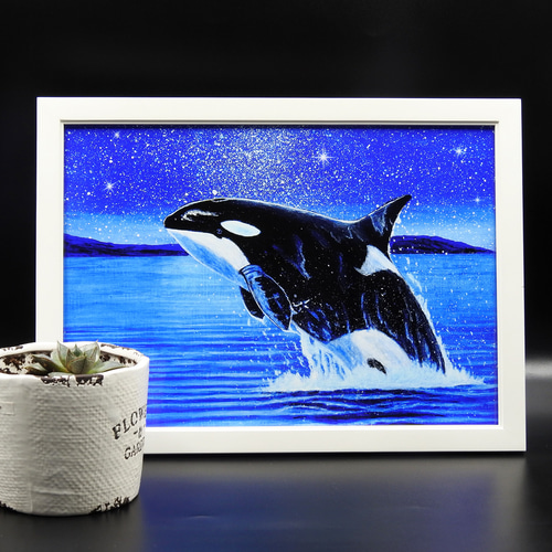 A4アートプリント「静かな海のオルカジャンプデジタルバージョン