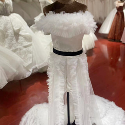 フランス風 ホワイト ウエディングドレス取り外しオフショルダーシ ョートインロングドレス 2次会 前撮り 花嫁 挙式 3枚目の画像