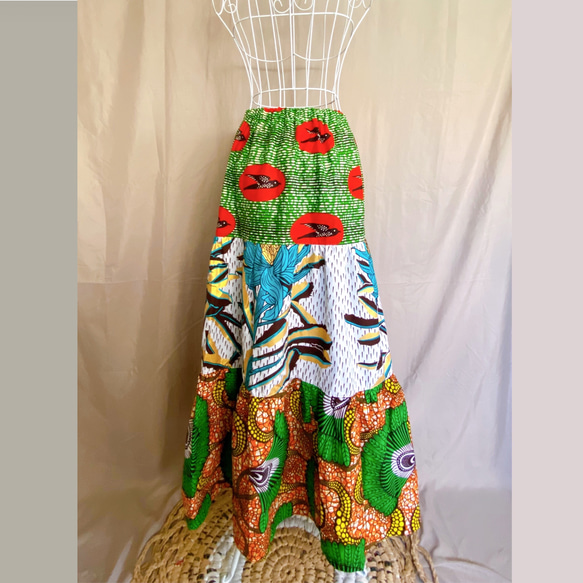 【送料無料】アフリカ布のパッチワークティアードスカート＊マキシスカート 3枚目の画像