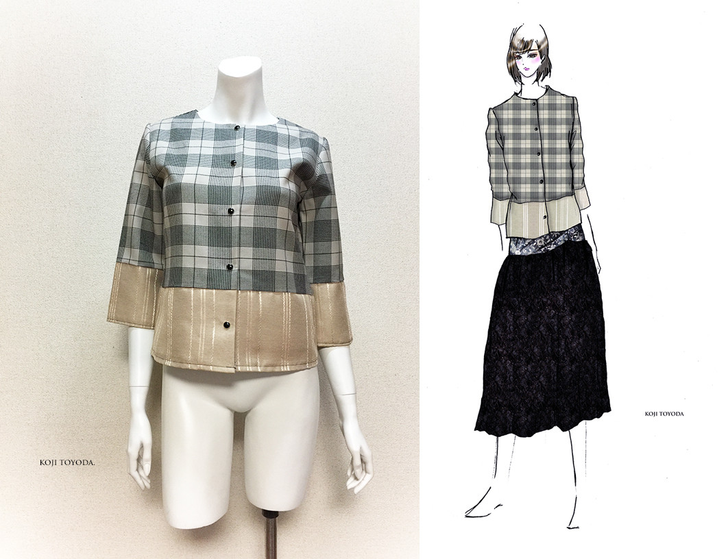 【1点もの・デザイン画付き】ノーカラーチェック切り替えトップス（KOJI TOYODA）