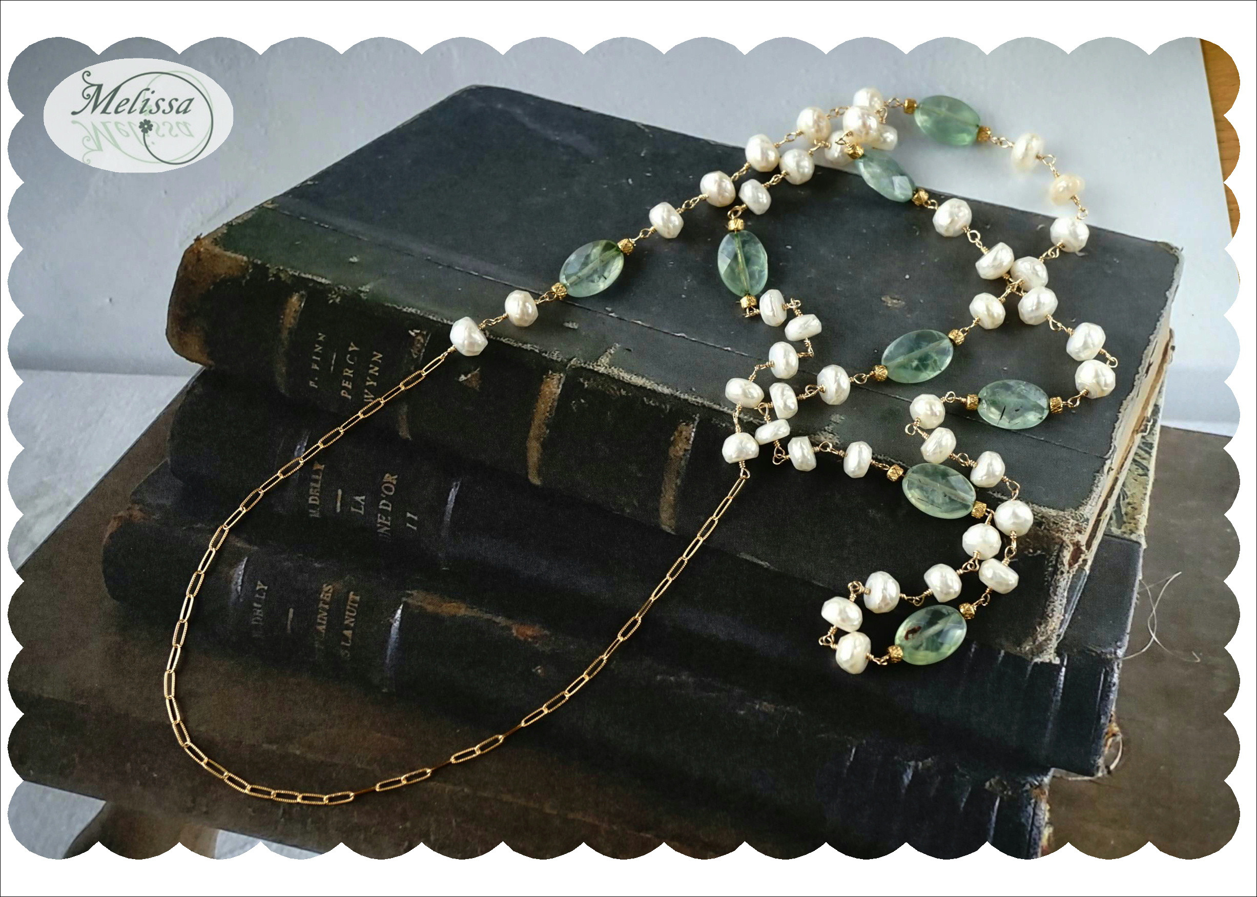 淡水パールとプレナイトのロングネックレスセット