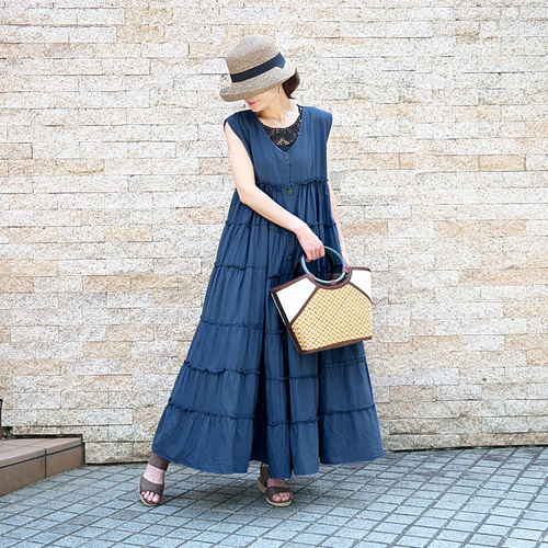 美品✨ルネ ノースリーブワンピース ティアード フリル ネイビー René - □美品□Rene ルネ ワンピース サイズ36 ノースリーブ