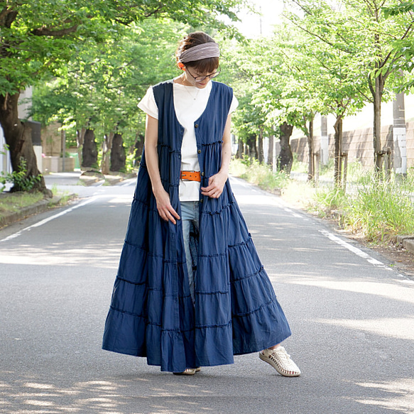 用尺たっぷり＊羽織としても◎大人可愛い＊ノースリーブ＊ティアードワンピース＊ネイビー 5枚目の画像