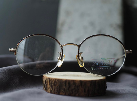 深茶褐豔紅琥珀圓形半框式金屬鏡框古蕫 眼鏡 Japan/glasses （圓） 第3張的照片