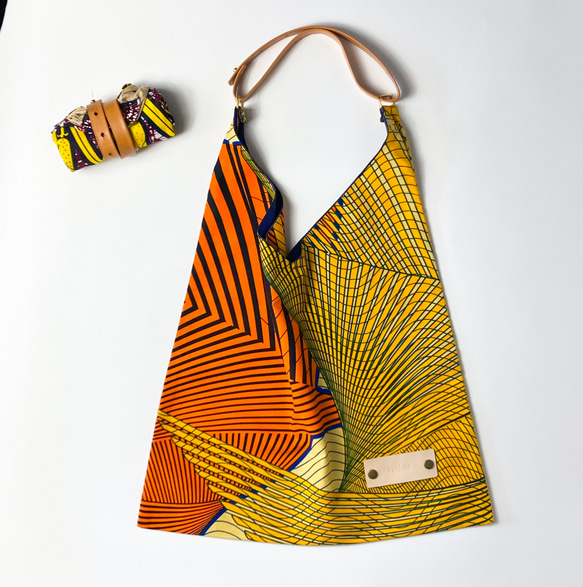 ［Epidote]African print × Real leather Folding bag   Orange 1枚目の画像