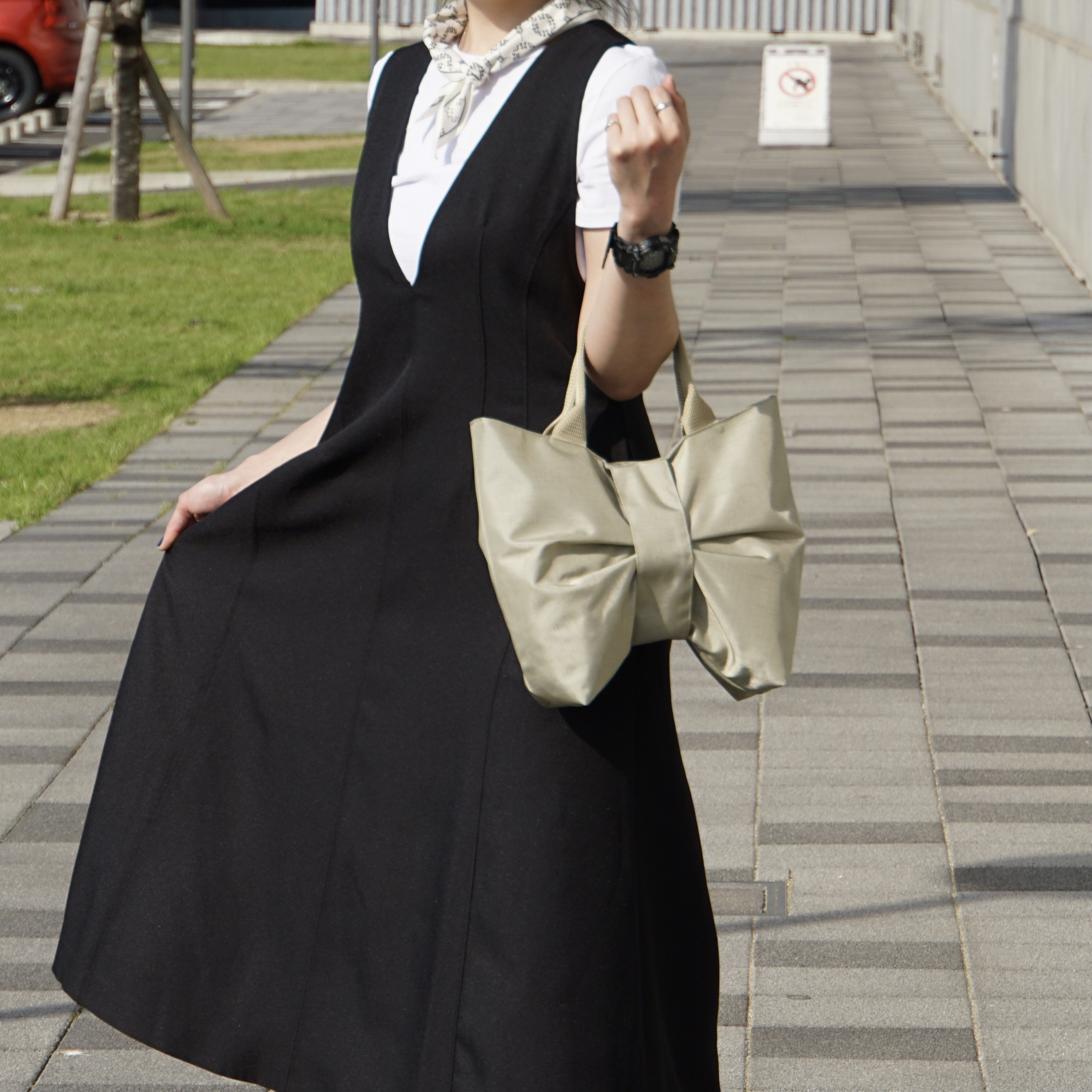 ナイロンのリボンミニトートバッグ【シャンパンゴールド】