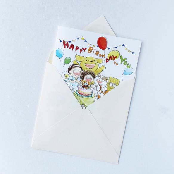 誕生日祝いグリーティングカード 【仲良し姉妹とぬいぐるみのバースデーパーティー】 封筒付き 正方形 7枚目の画像