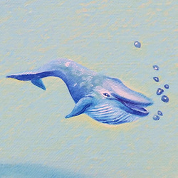 空飛ぶクジラ、幸運を運んで浜辺へ　淡色　アートパネル　海　癒し　グラデーション　優しい絵　鯨 4枚目の画像